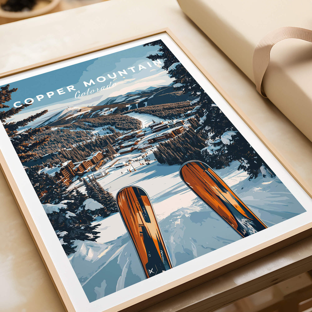 Copper Mountain Ski Print showcasing a stunning alpine landscape with skis in the foreground and majestic mountains in the background.