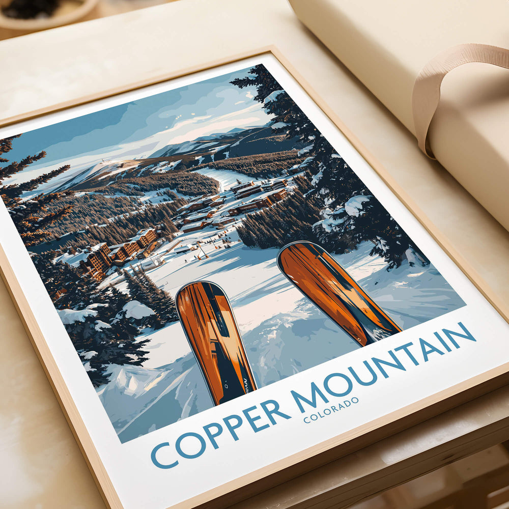 Copper Mountain Colorado Wall Art – Winter Ski Resort Print showcasing a ski view with vintage wooden skis and snowy mountains.