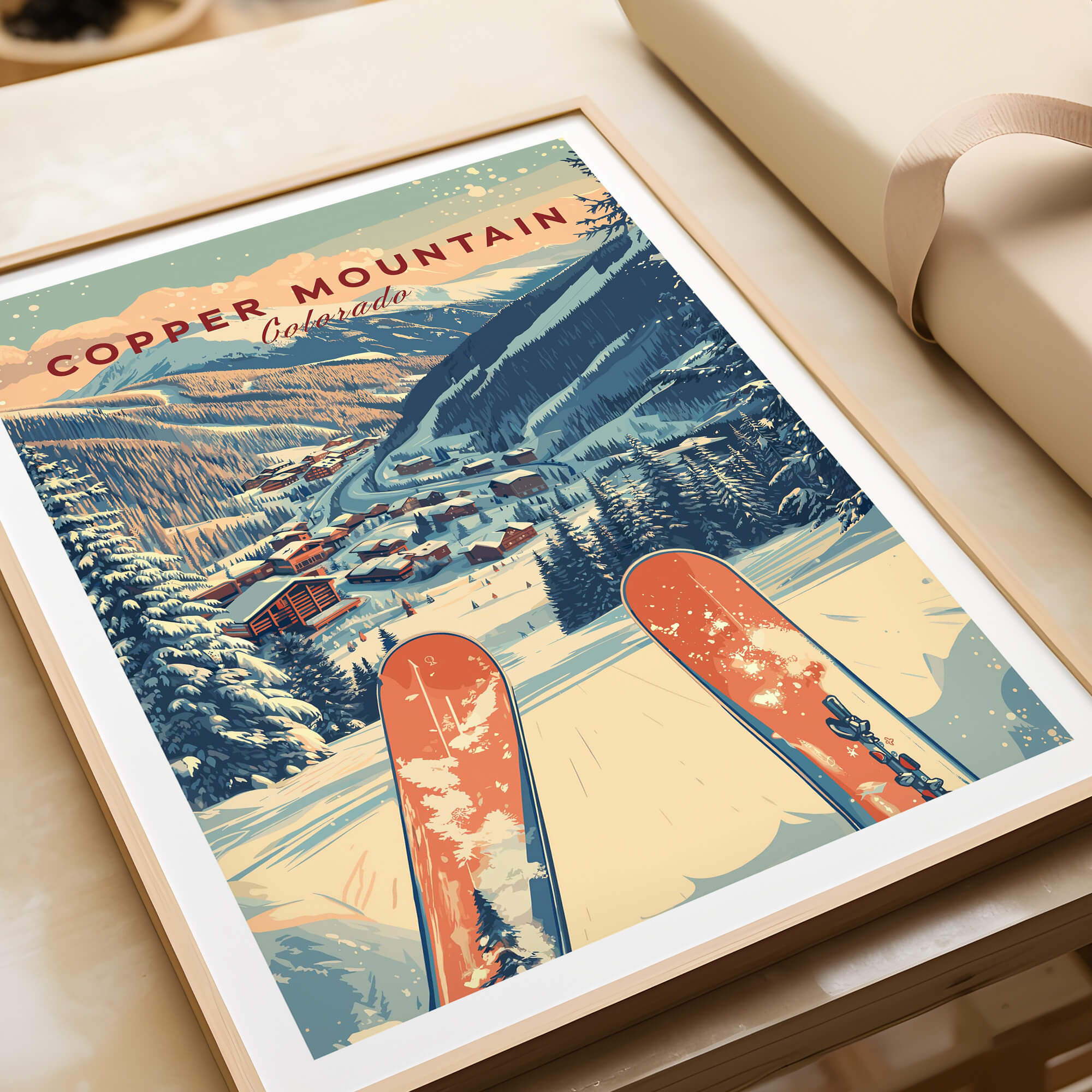 Copper Mountain Travel Poster – Sunset Ski Slopes showcasing a stunning alpine sunset over snowy slopes and cozy mountain village.