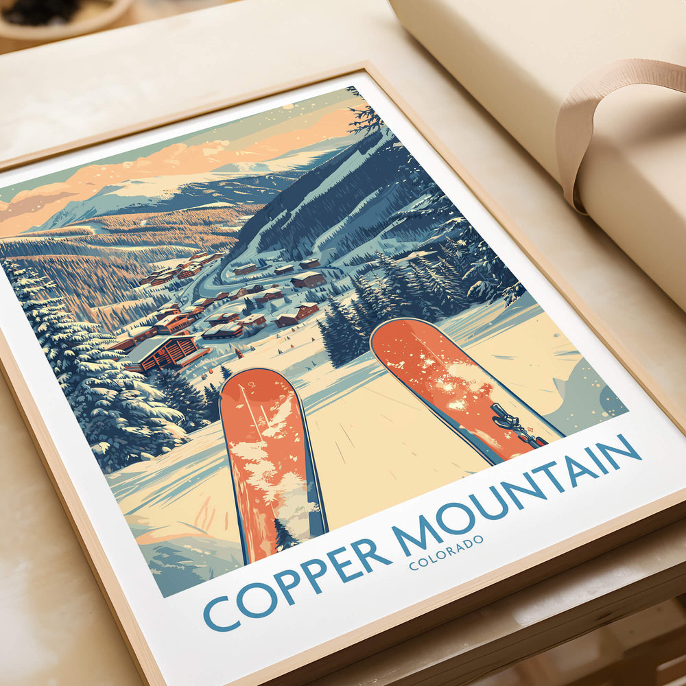 Copper Mountain Colorado Wall Art – Winter Mountain Ski Resort Wall Decor illustration featuring ski equipment and snowy landscape.