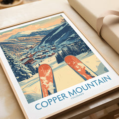 Copper Mountain Colorado Wall Art – Winter Mountain Ski Resort Wall Decor illustration featuring ski equipment and snowy landscape.