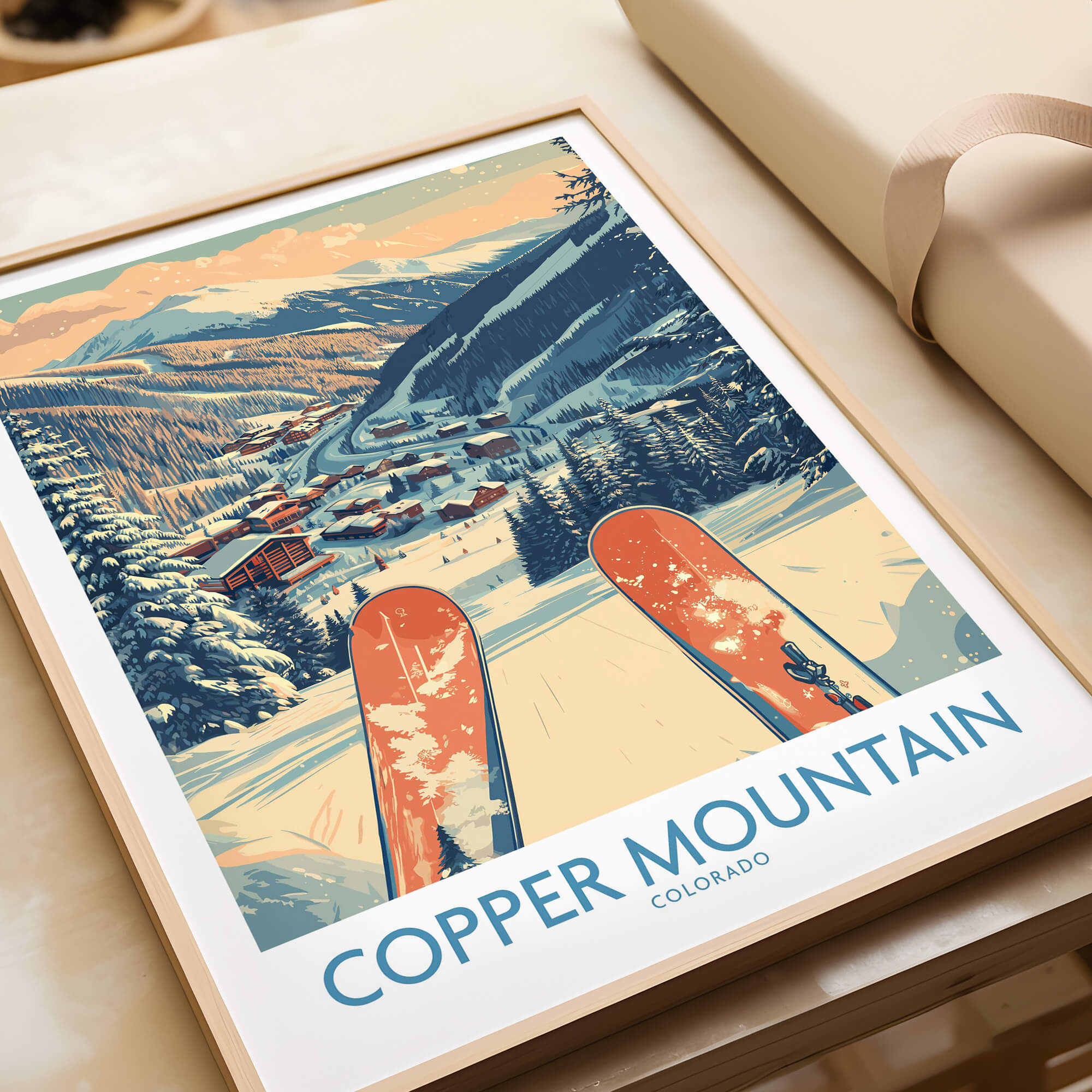 Copper Mountain Colorado Wall Art – Winter Mountain Ski Resort Wall Decor illustration featuring ski equipment and snowy landscape.