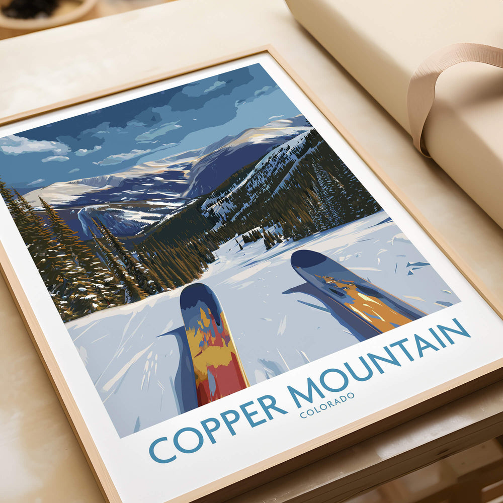 Copper Mountain Colorado Wall Art – Snowy Peak Winter Sports Print featuring a snowy landscape with ski mountains and skis.