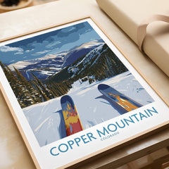Copper Mountain Colorado Wall Art – Snowy Peak Winter Sports Print featuring a snowy landscape with ski mountains and skis.