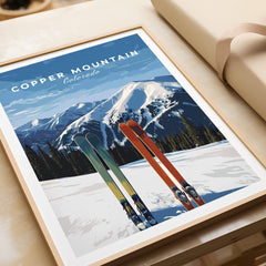 Copper Mountain Travel Poster – Colorado Mountain Summit & Ski Art Print featuring skis and snowy mountains.