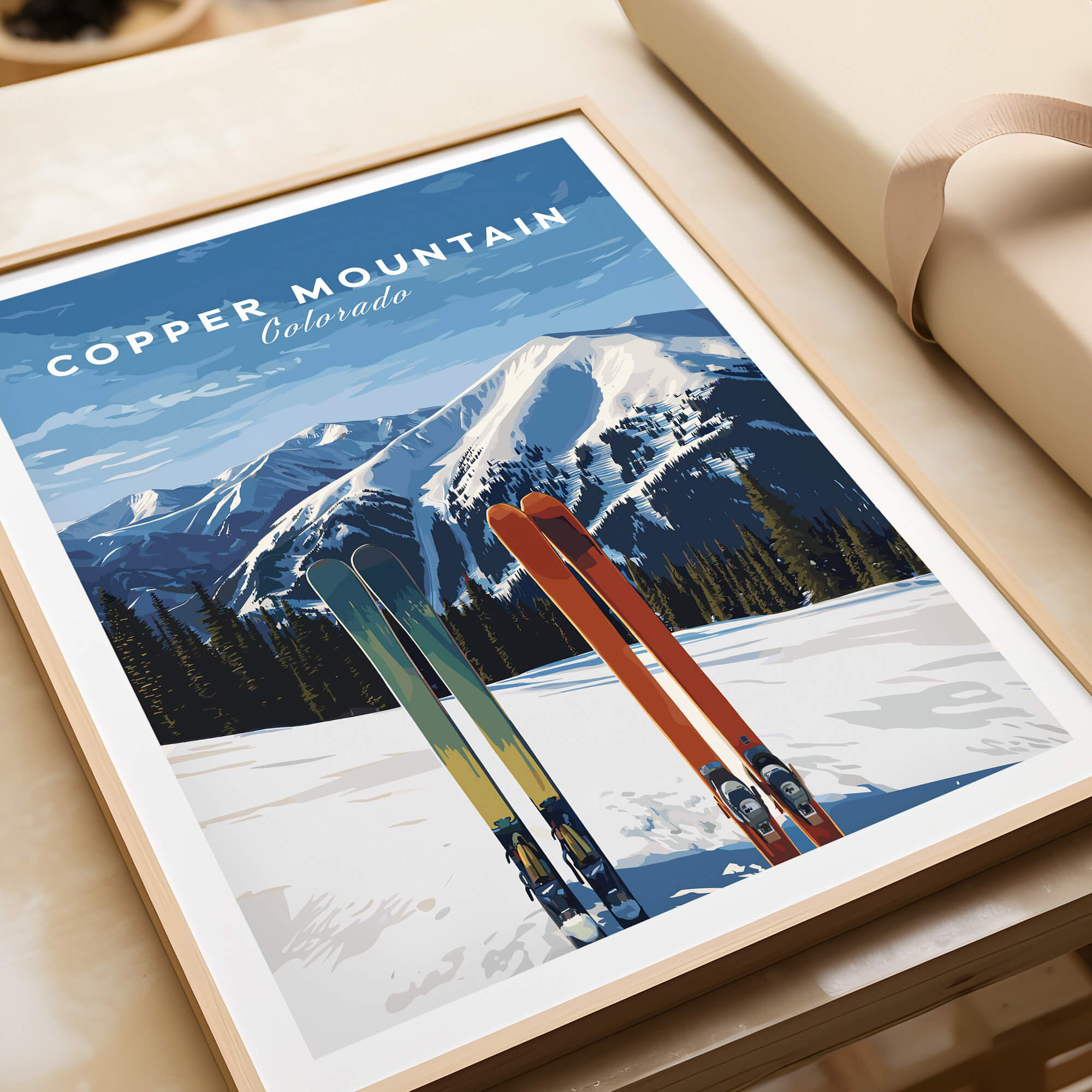 Copper Mountain Travel Poster – Colorado Mountain Summit & Ski Art Print featuring skis and snowy mountains.