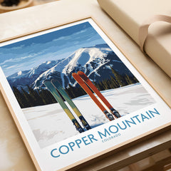 Copper Mountain Ski Wall Art Ski Print featuring colorful skis against a snow-covered mountain backdrop