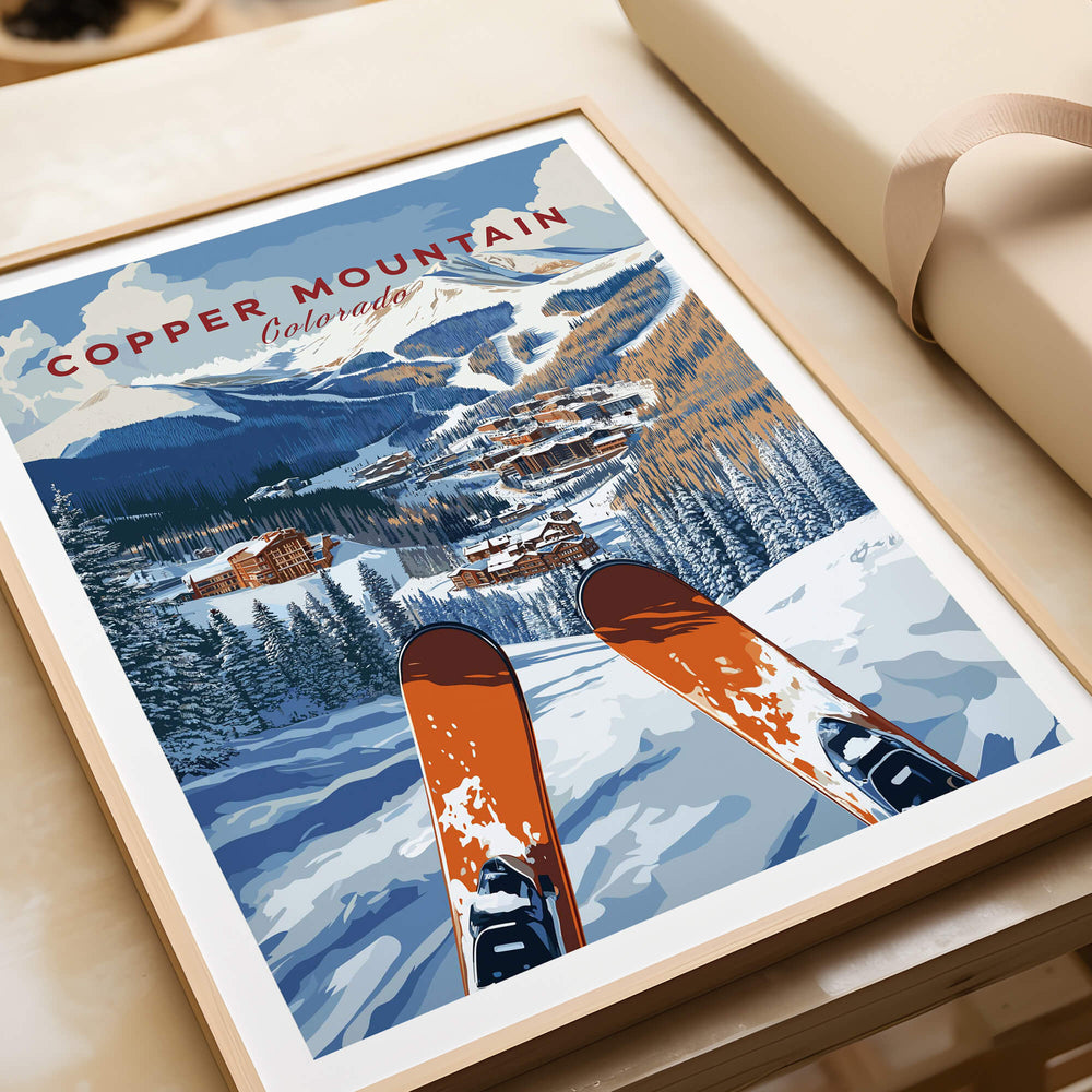Copper Mountain Ski Poster – Winter Ski Village & Snowy Mountain Art showcasing a snowy landscape and ski equipment.