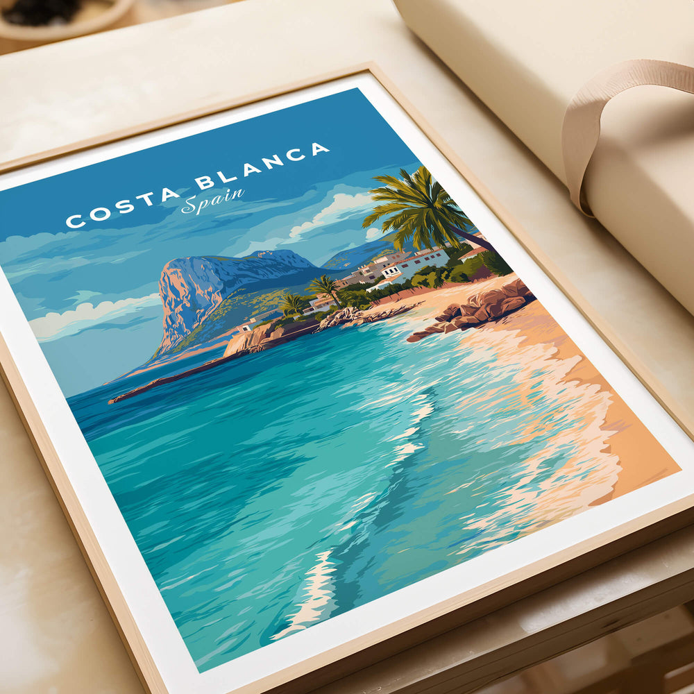 Costa Blanca Spain Travel Art – Mediterranean Village & Turquoise Sea Landscape Poster showing a vibrant beach scene.