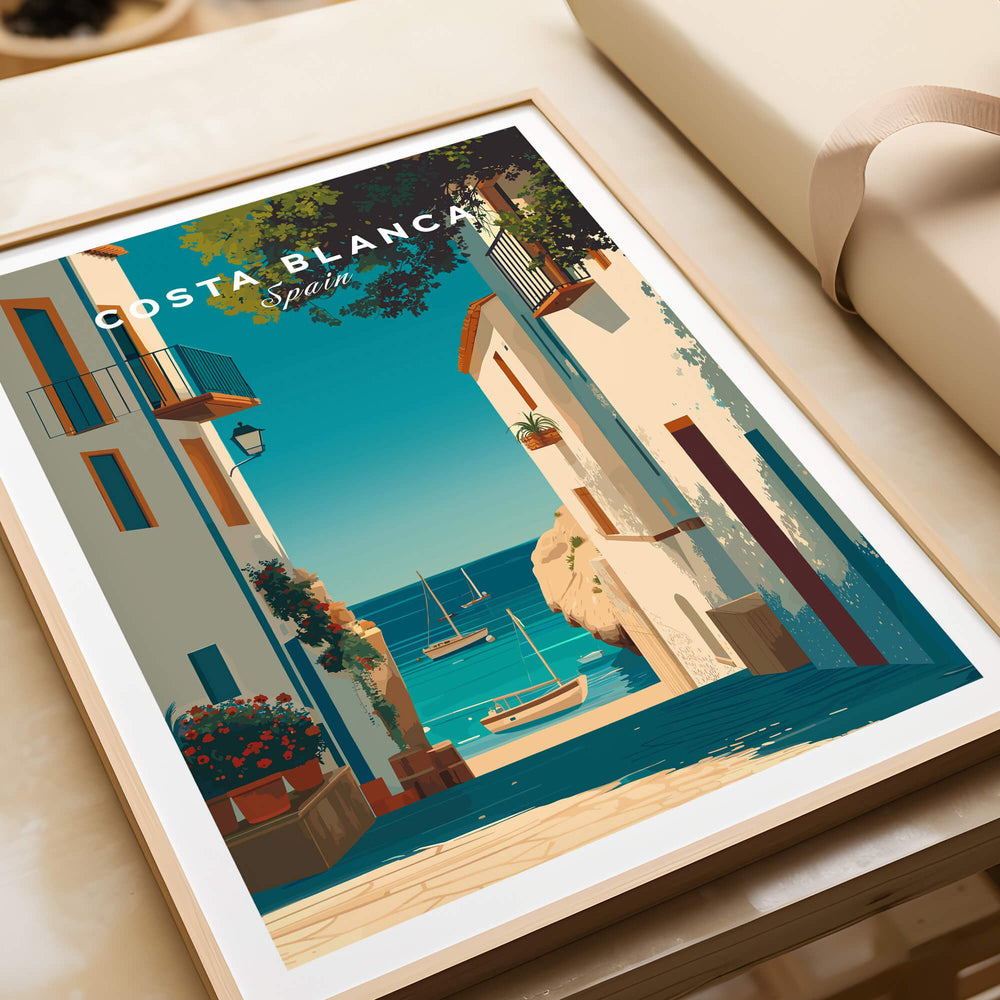 Costa Blanca Spain Print – Iconic White Village & Mediterranean Architecture Wall Decor featuring a scenic coastal view.