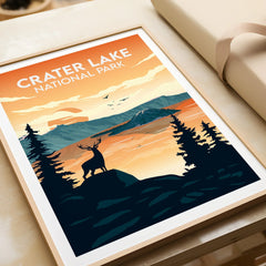 Crater Lake National Park travel poster art print with deer, pine trees, and sunset landscape