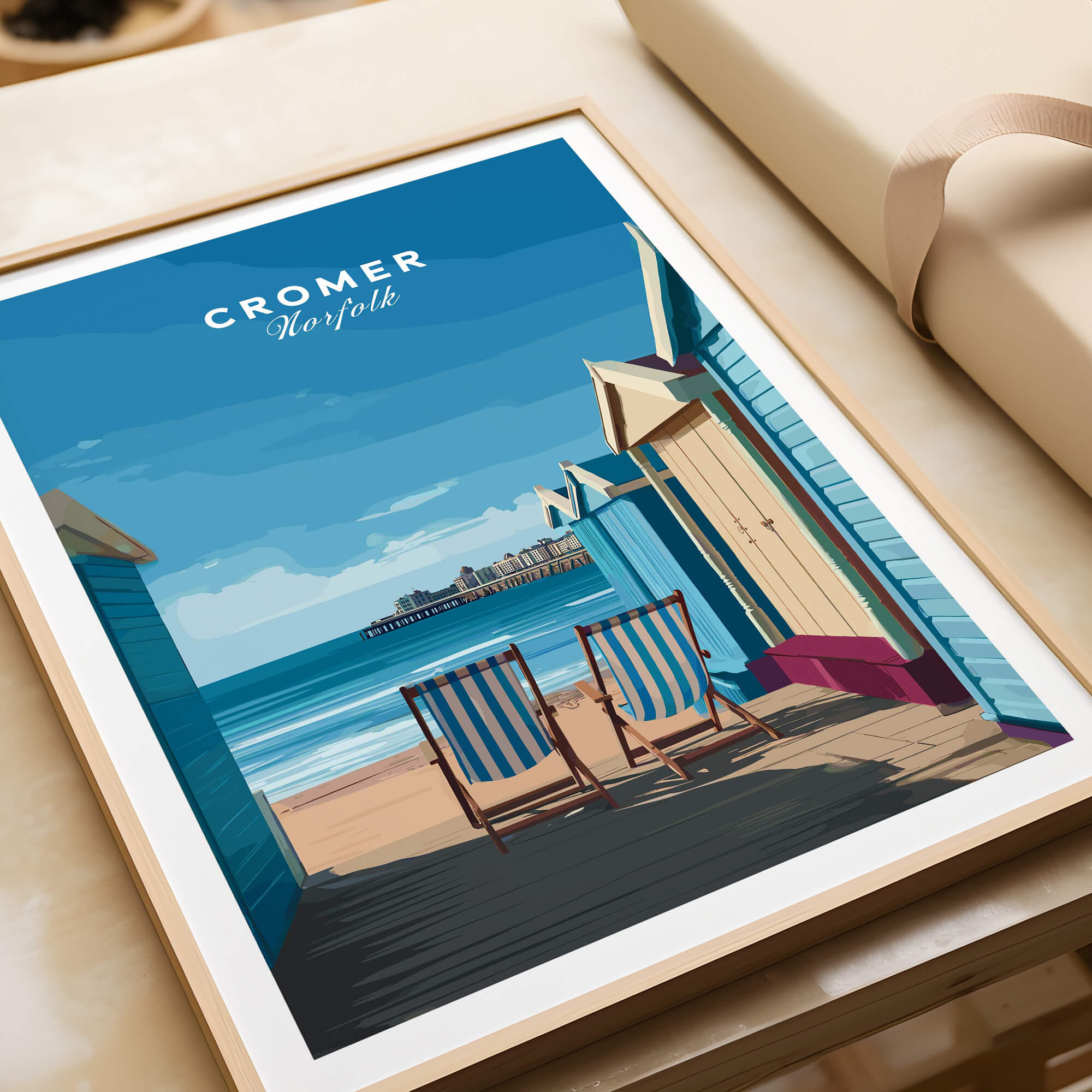 Cromer Travel Poster – Norfolk Beach Huts Art Print showcasing colorful beach huts and seaside view.