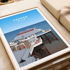 Cromer Travel Poster – Norfolk Pier & Pavilion Theatre Landmark Art featuring the Pavilion Theatre in Cromer.