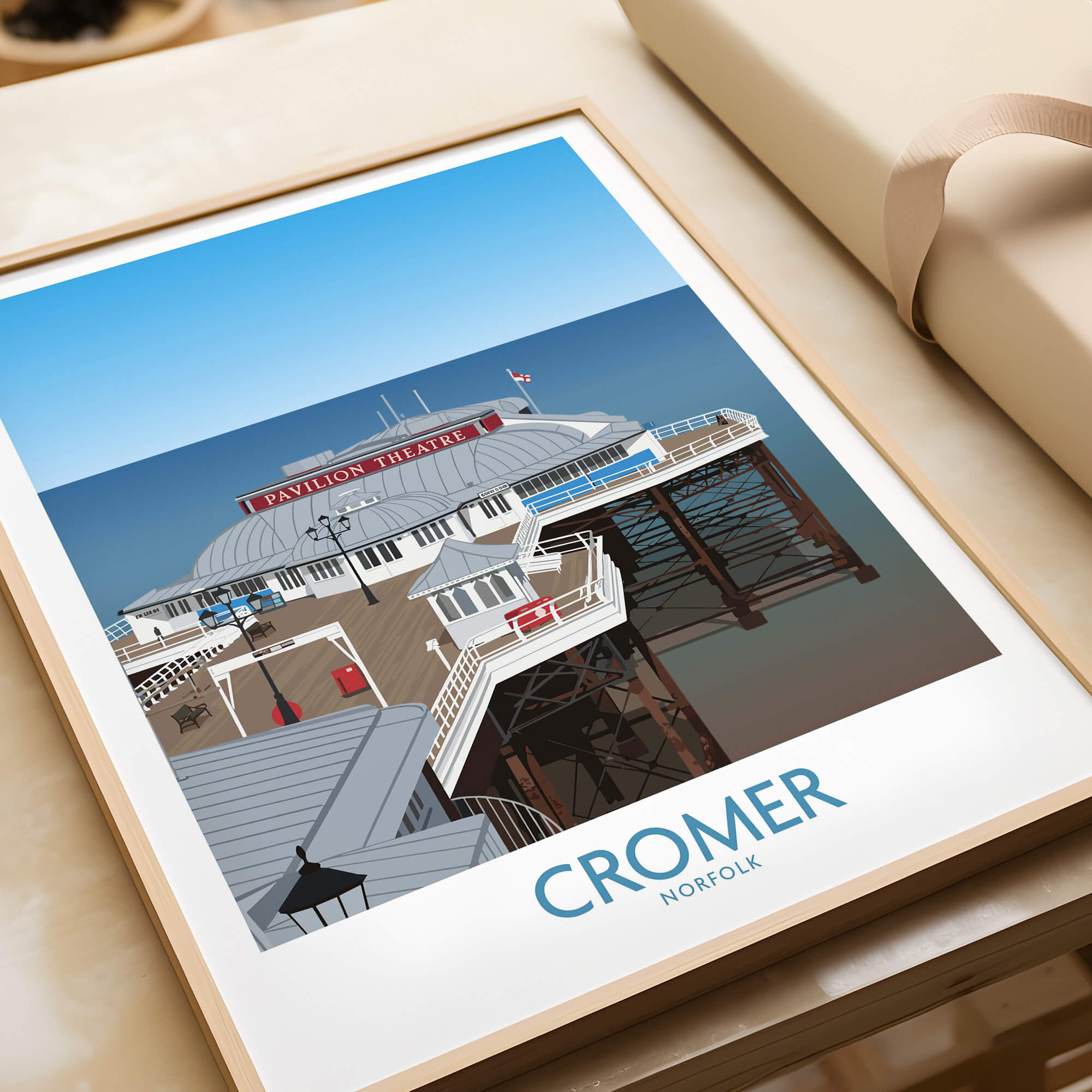 Cromer Norfolk Wall Art – Historic Seaside Pier Art Print featuring the iconic Pavilion Theater design.