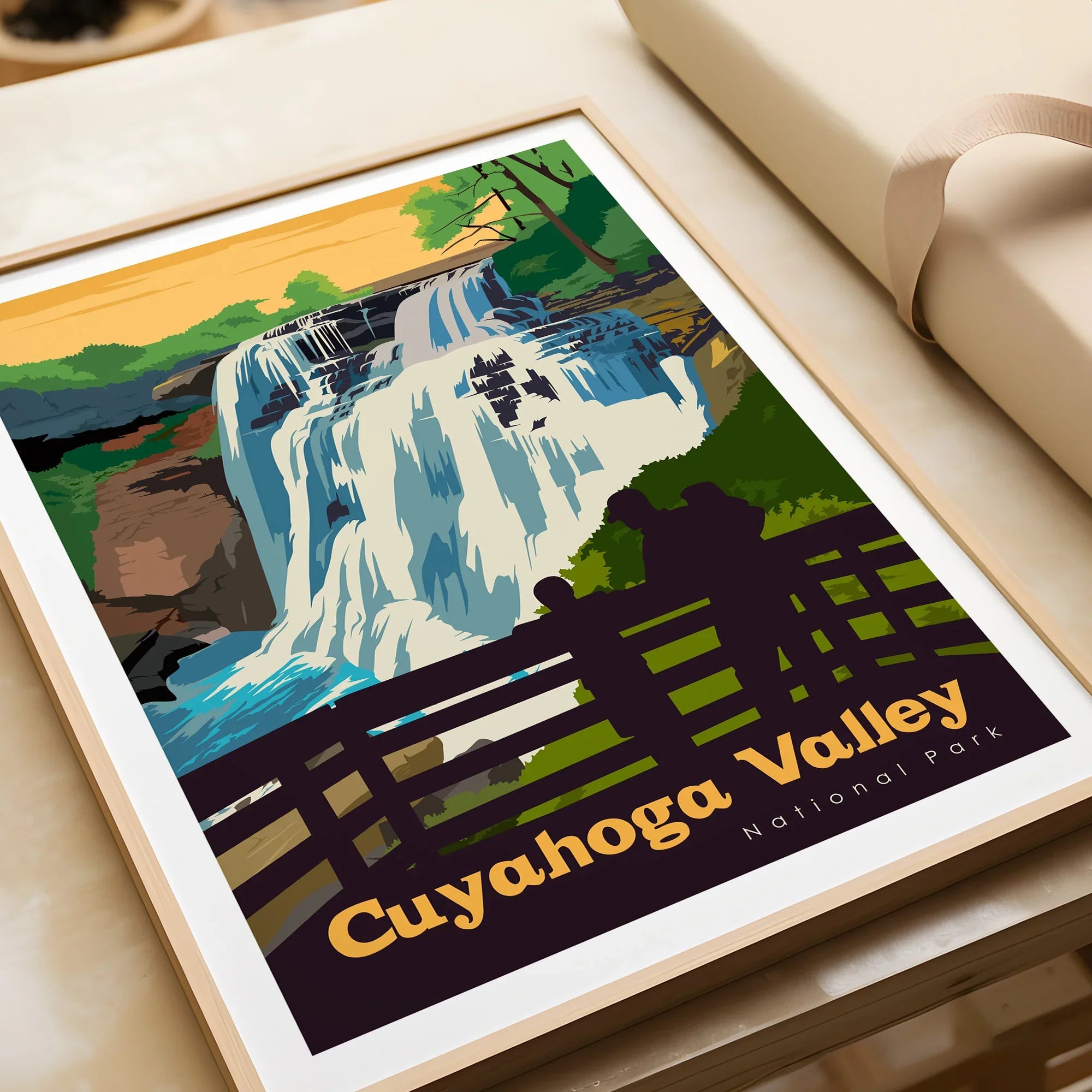 Cuyahoga Valley National Park waterfall art print in natural wood frame, unwrapped gift