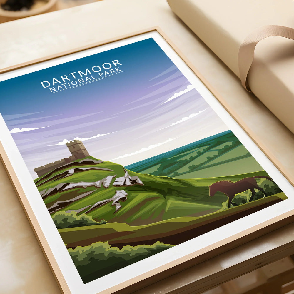 Framed Dartmoor National Park art print with landscape, hills, and horse closeup