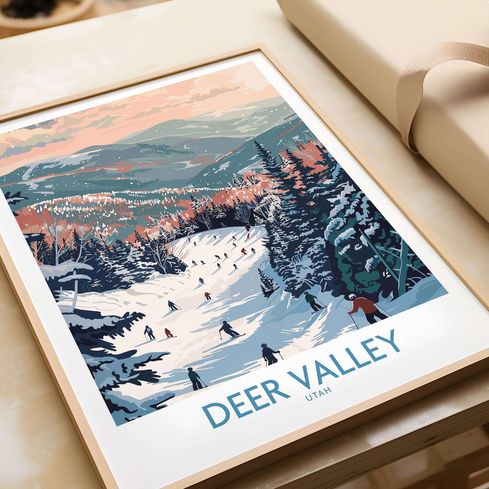 Deer Valley Travel Poster - Utah showcasing skiers on snowy slopes with a beautiful mountain backdrop.