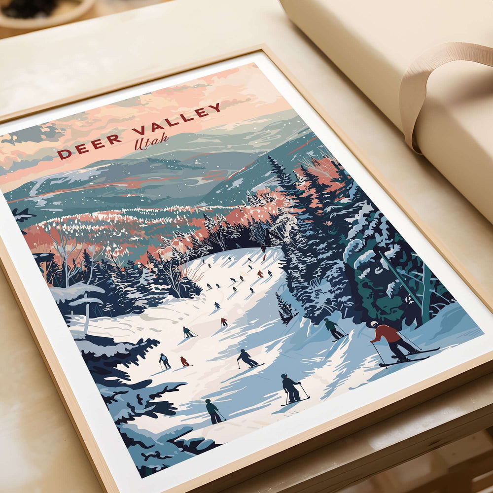 Deer Valley Ski Print - Utah, featuring skiers on a snowy slope with beautiful mountains in the background.