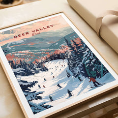 Deer Valley Ski Print - Utah, featuring skiers on a snowy slope with beautiful mountains in the background.