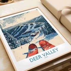 Deer Valley Wall Art featuring a vintage ski poster of Deer Valley, Utah with snowy mountains and ski tracks.