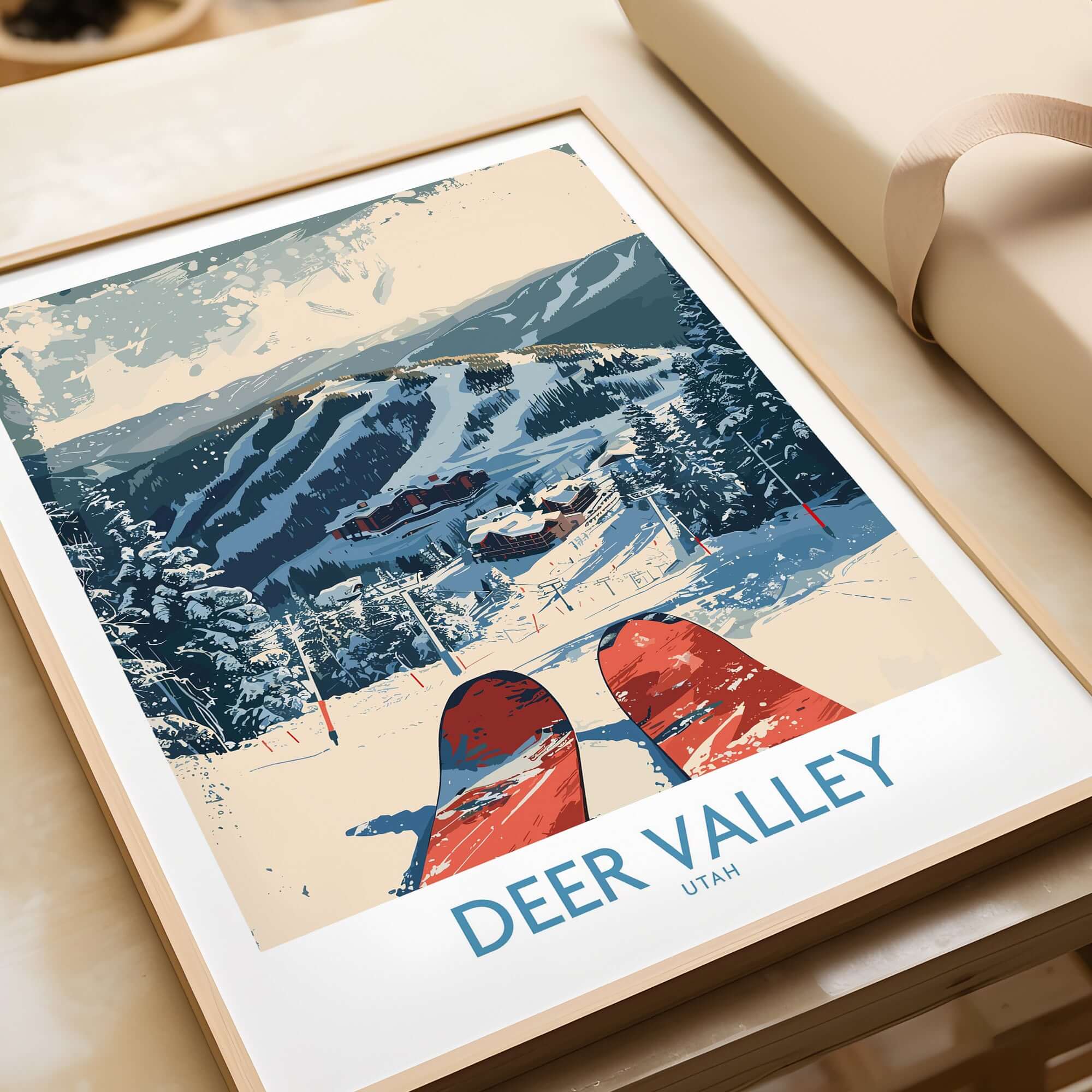 Deer Valley Wall Art featuring a vintage ski poster of Deer Valley, Utah with snowy mountains and ski tracks.