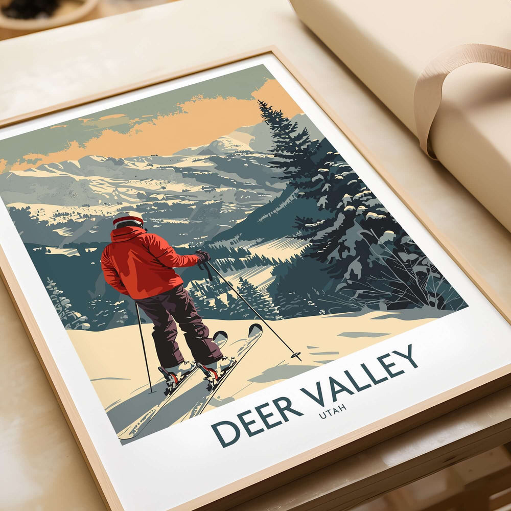 Deer Valley Poster Utah featuring skier in red jacket in snowy landscape with mountain backdrop.