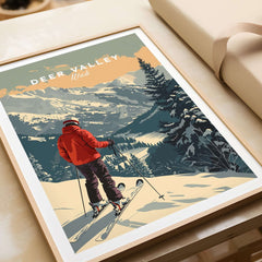 Deer Valley Print Utah ski poster featuring a skier overlooking a breathtaking snowy landscape.