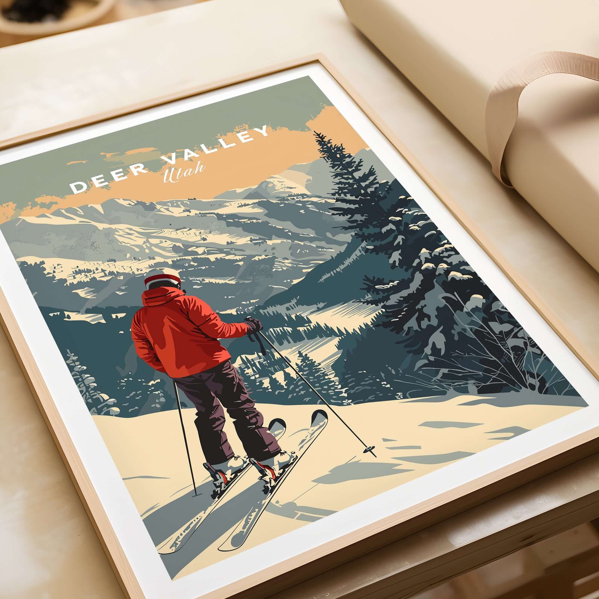 Deer Valley Print Utah ski poster featuring a skier overlooking a breathtaking snowy landscape.