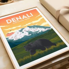 Denali National Park art print with mountain, bear, and sunset in a natural wood frame