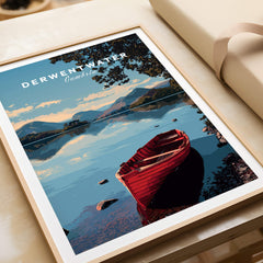Derwentwater Travel Poster – Lake District Art Print featuring a red boat on tranquil waters surrounded by mountains.