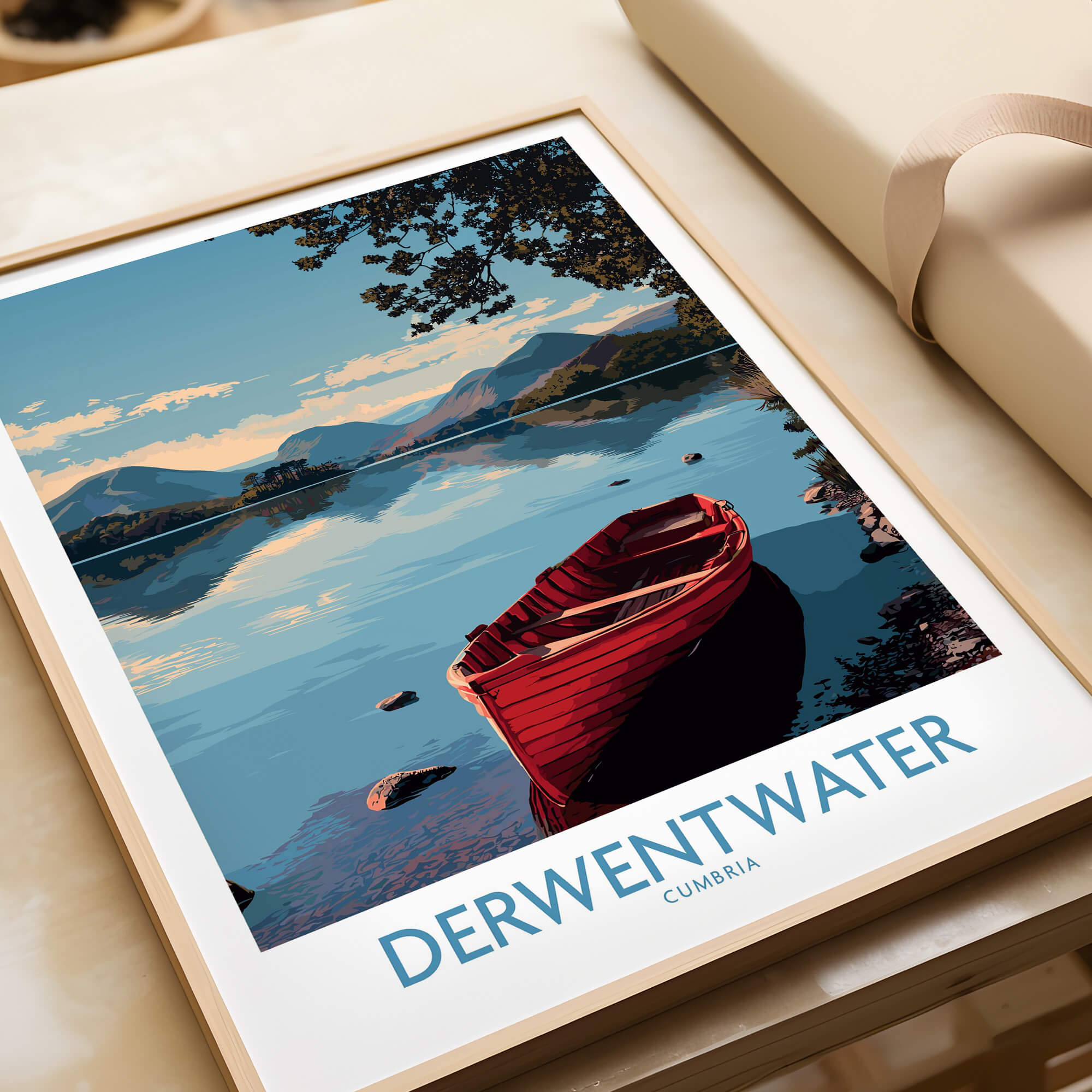 Derwentwater Cumbria Wall Art – Mountain Lake Landscape Print featuring a calm lake and red boat.