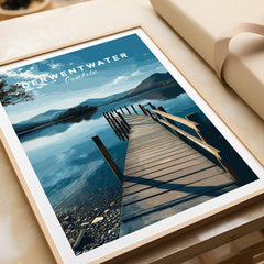 Derwentwater Travel Poster – Lake District Canvas Print showcasing a serene dock by the lake with scenic views.