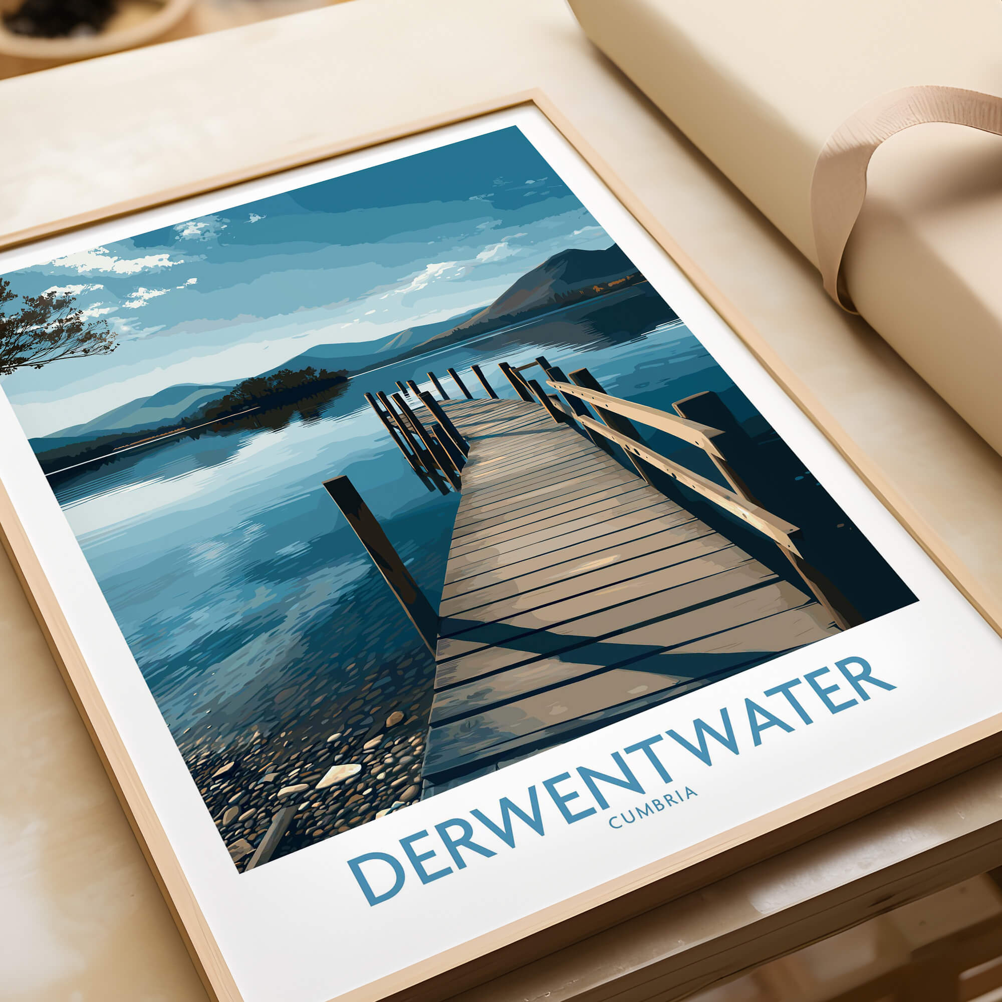 Derwentwater Cumbria Wall Art – Scenic Lake Pier Art Print showcasing a tranquil pier over calm waters.