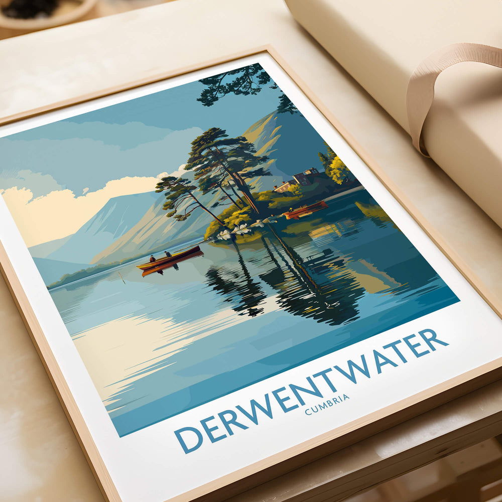 Derwentwater Cumbria Wall Art – Canvas Print featuring serene landscape with water, trees, and mountains.