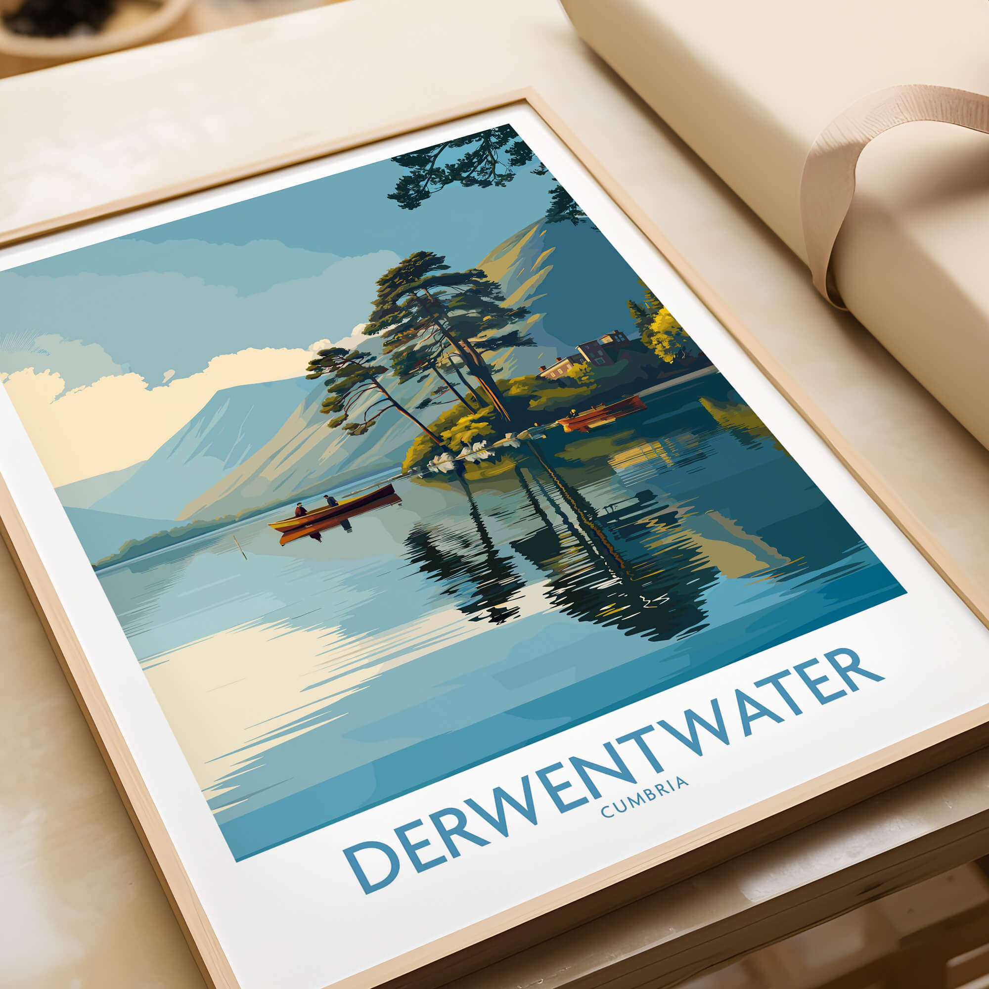 Derwentwater Cumbria Wall Art – Canvas Print featuring serene landscape with water, trees, and mountains.