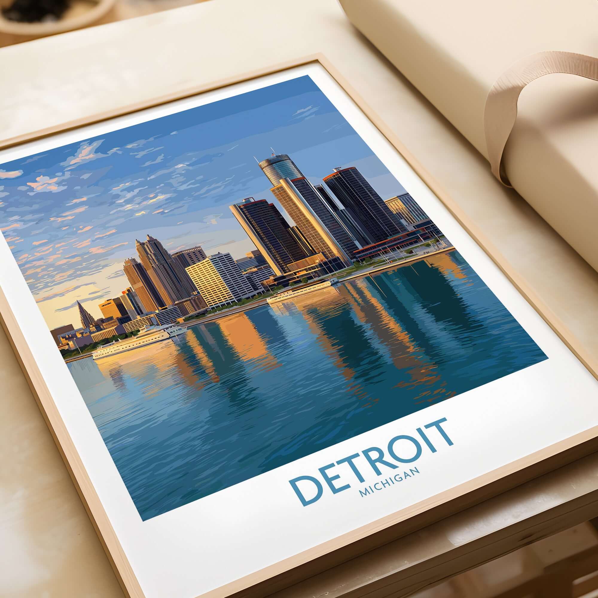 Detroit Michigan City Skyline Art Print | Renaissance Center Poster featuring a vibrant skyline reflection.