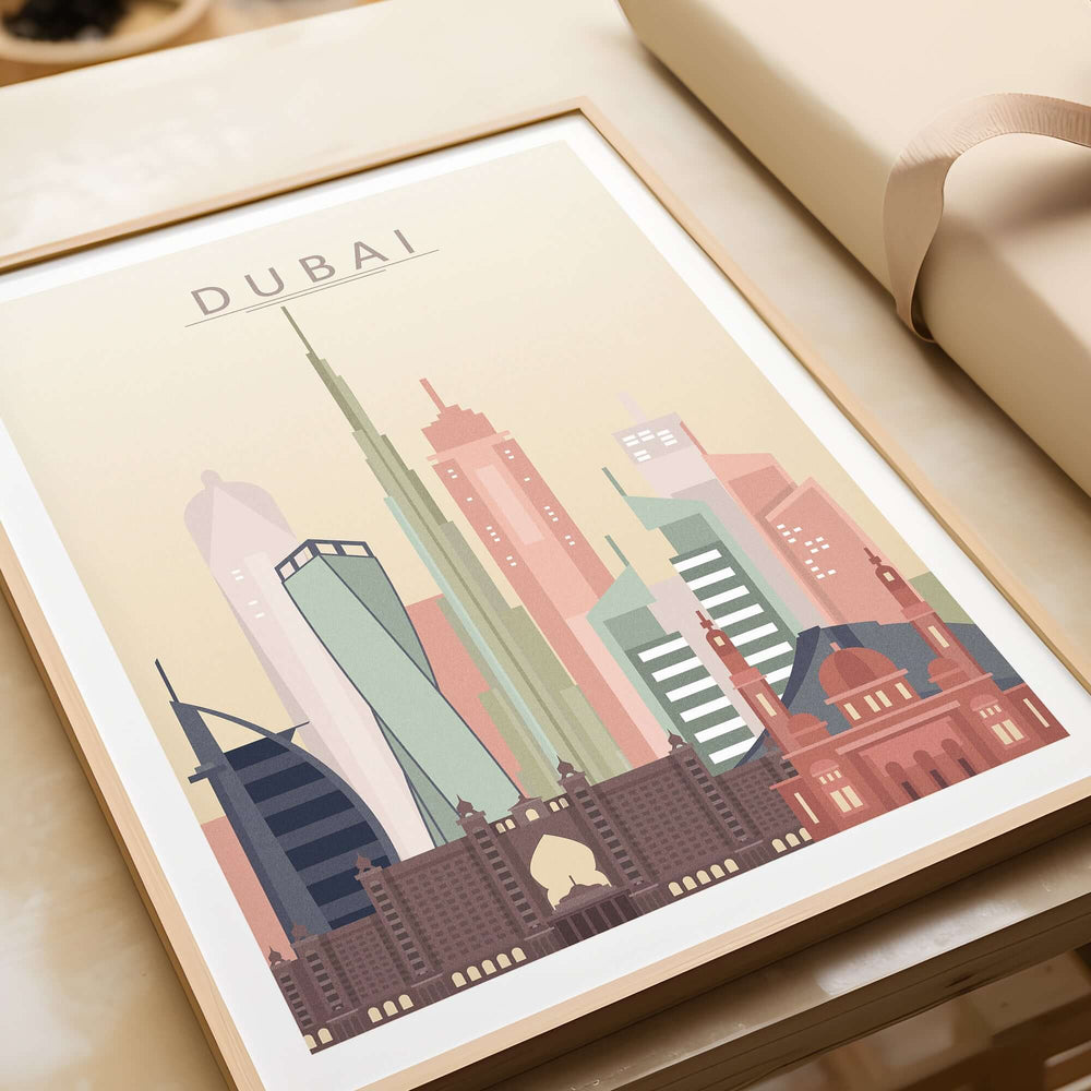 Dubai Wall Art | City Skyline Print featuring a colorful illustration of Dubai's iconic skyline in pastel tones.