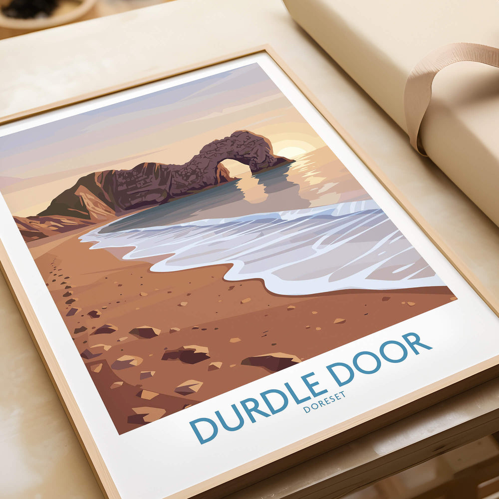 Durdle Door Dorset Wall Art – Canvas Poster showcasing the iconic limestone arch at sunset.