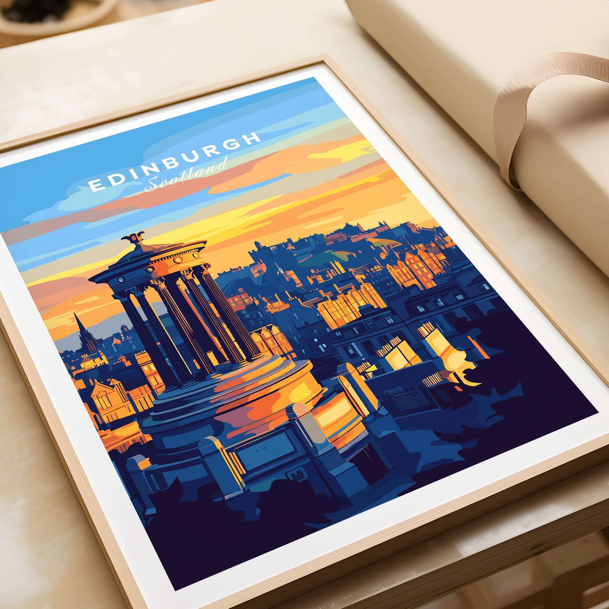 Edinburgh Travel Print vibrant sunset illustration of Edinburgh's skyline and architecture, perfect for wall art.