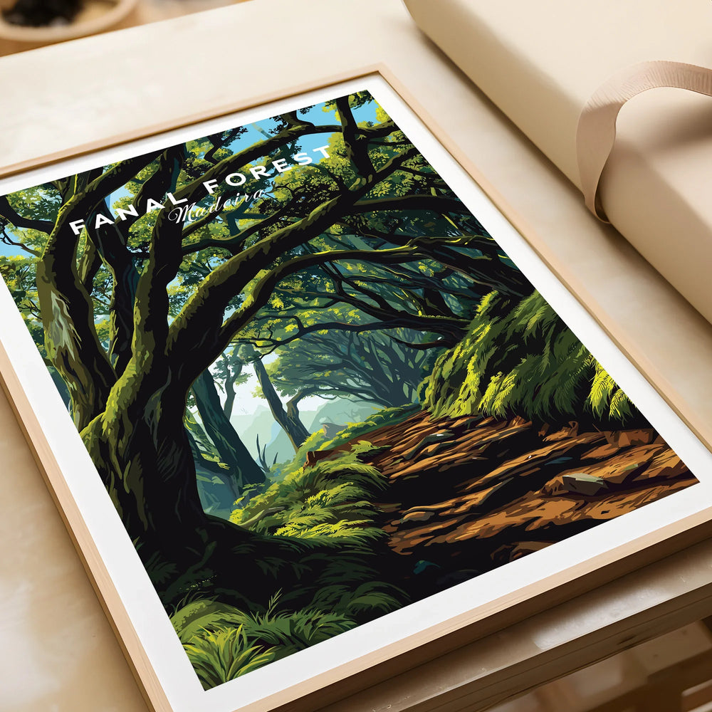 Framed Fanal Forest art print with lush green trees and sunlit forest path, gift unwrapped