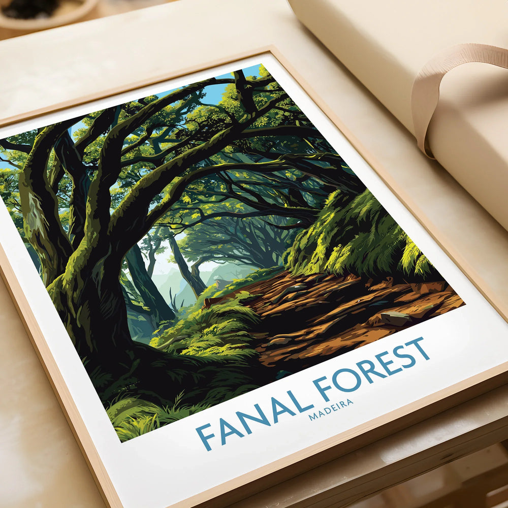 Framed Fanal Forest Madeira art print closeup, unwrapped, featuring lush green trees.