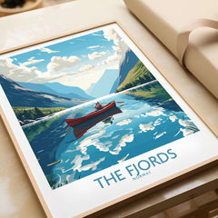 Fjords Norway Wall Art | Modern Style featuring a tranquil scene of a red boat in a serene fjord landscape.