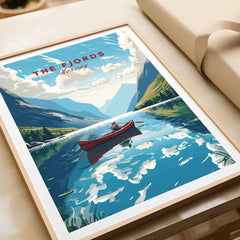 Fjords Wall Art Norway showcasing a scenic boat on a serene lake surrounded by mountains and clouds.