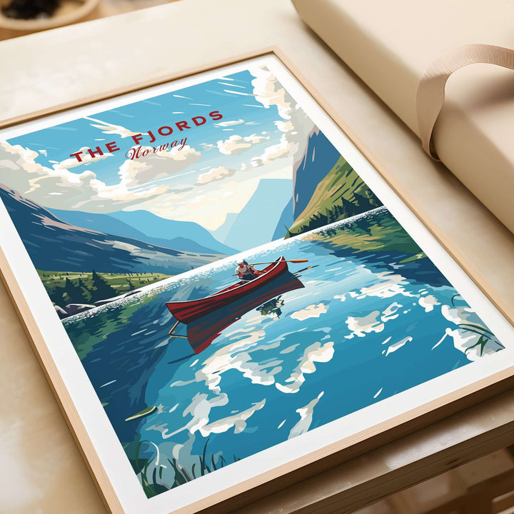 Fjords Wall Art Norway showcasing a scenic boat on a serene lake surrounded by mountains and clouds.