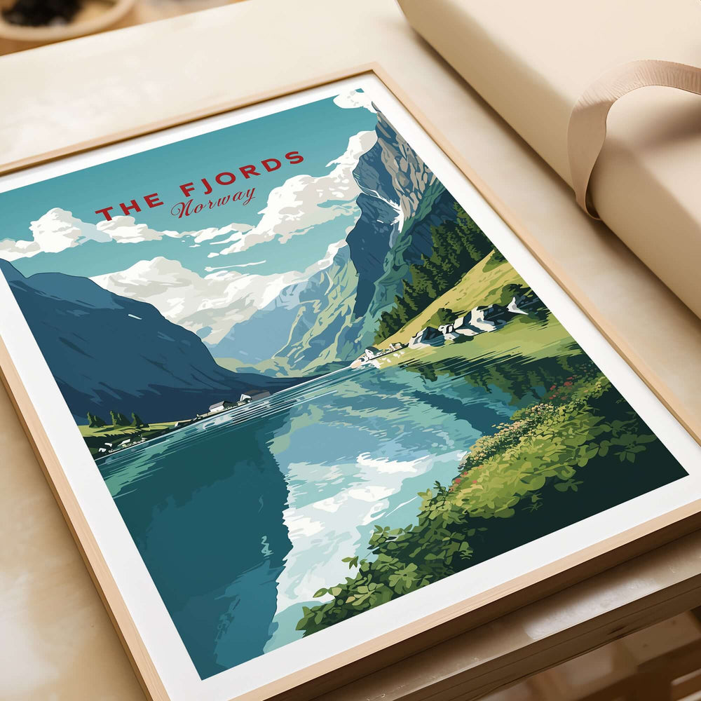 Norway Fjords Travel Poster featuring stunning fjord landscapes and vibrant colors, perfect for home or office decor.