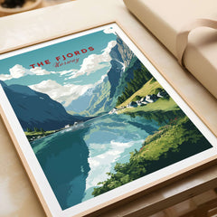 Norway Fjords Travel Poster featuring stunning fjord landscapes and vibrant colors, perfect for home or office decor.