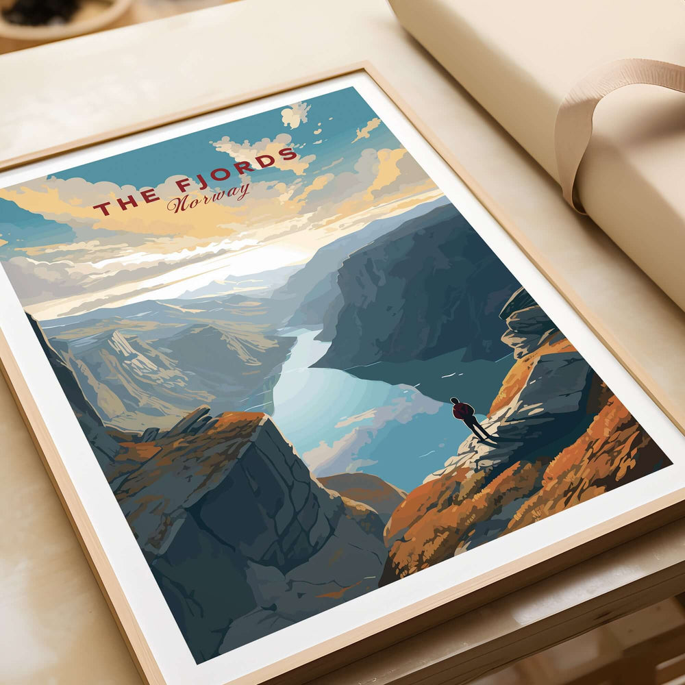 Fjord Wall Art Print - Norway featuring a scenic landscape with cliffs and waters.