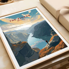 Fjord Wall Art Print - Norway featuring a scenic landscape with cliffs and waters.