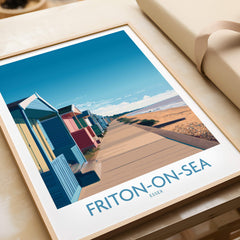 Frinton-on-Sea England Wall Art – Colorful Seaside Beach Hut Decor Print featuring vibrant beach huts along the shore.