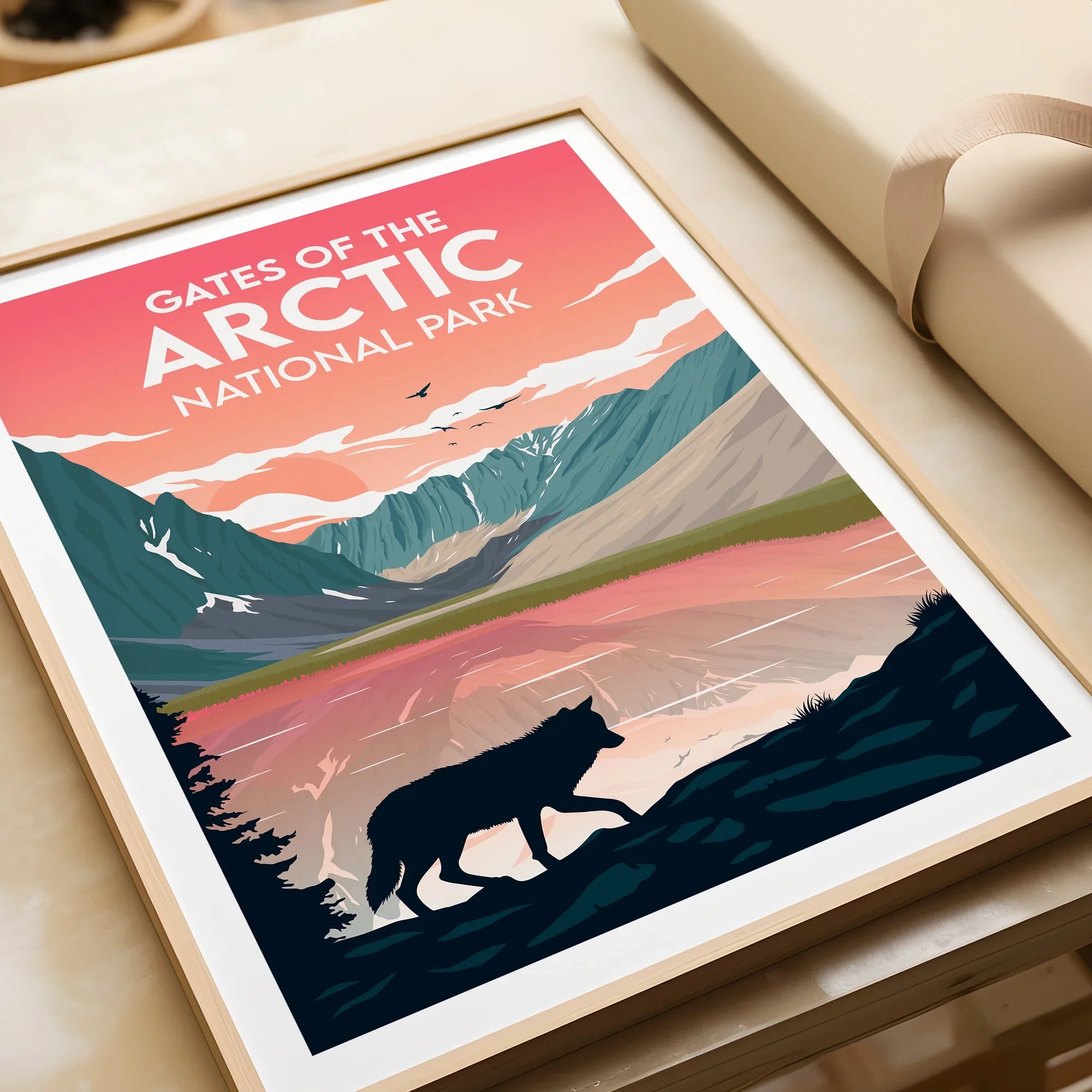 Framed Gates of the Arctic National Park art print with wolf silhouette and mountain landscape